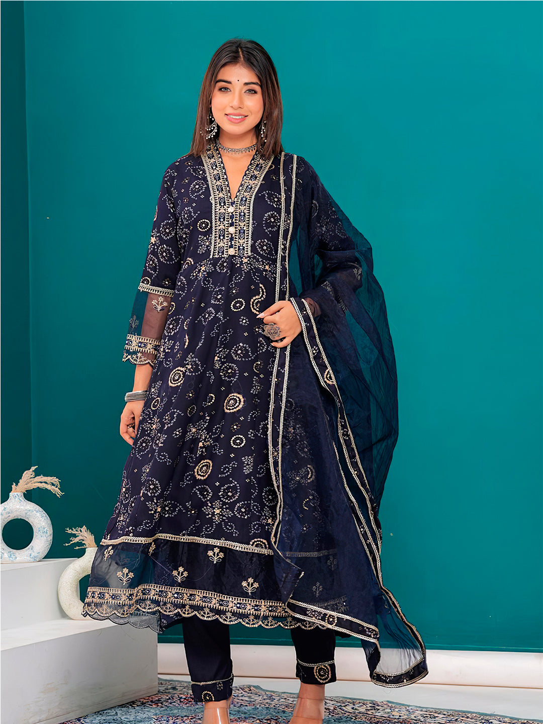 Embroidered & Bandhani Printed Kurta with pant & dupatta