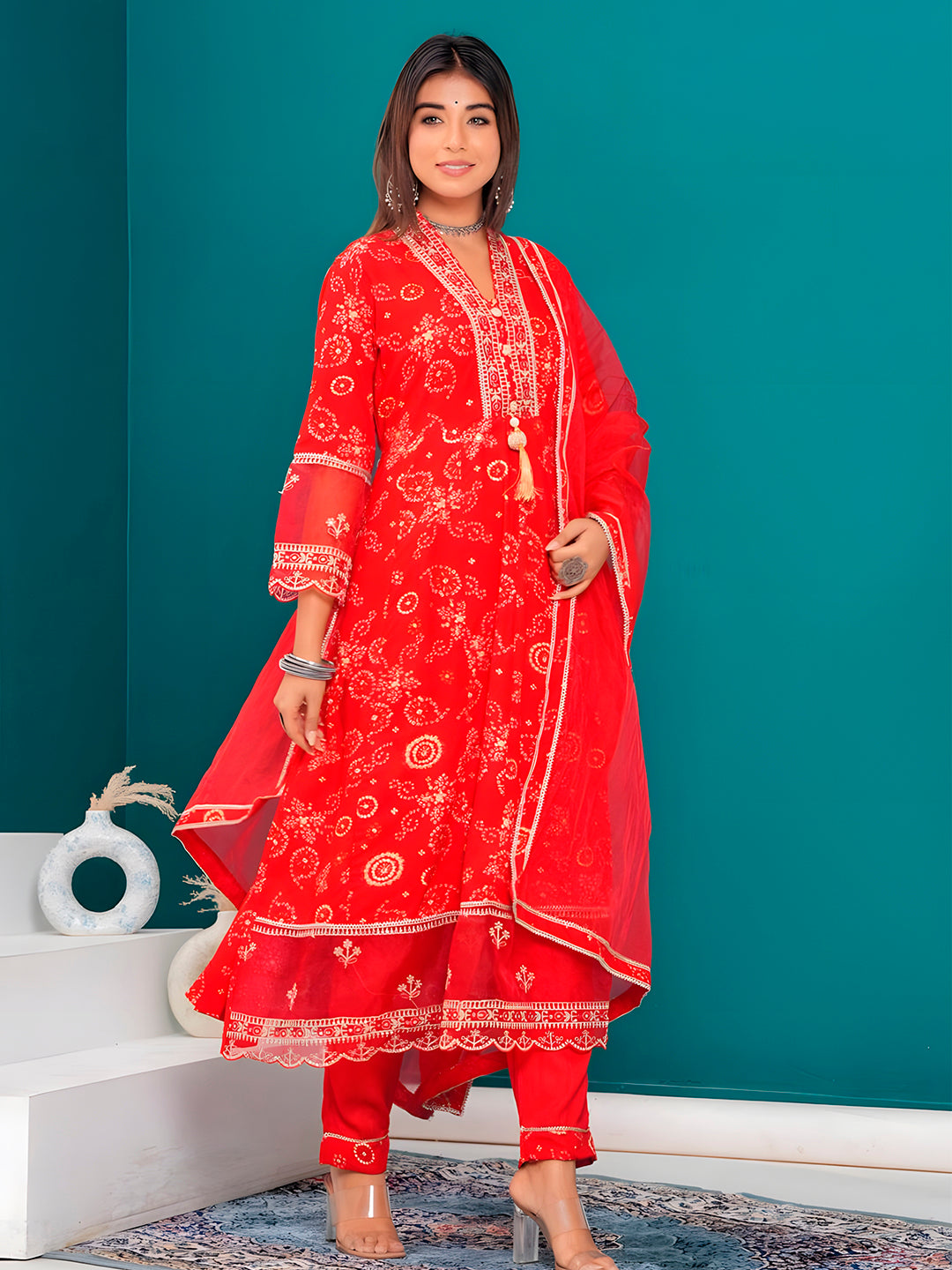 Embroidered & Bandhani Printed Kurta with pant & dupatta