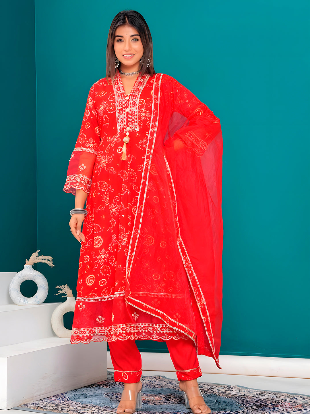 Embroidered & Bandhani Printed Kurta with pant & dupatta