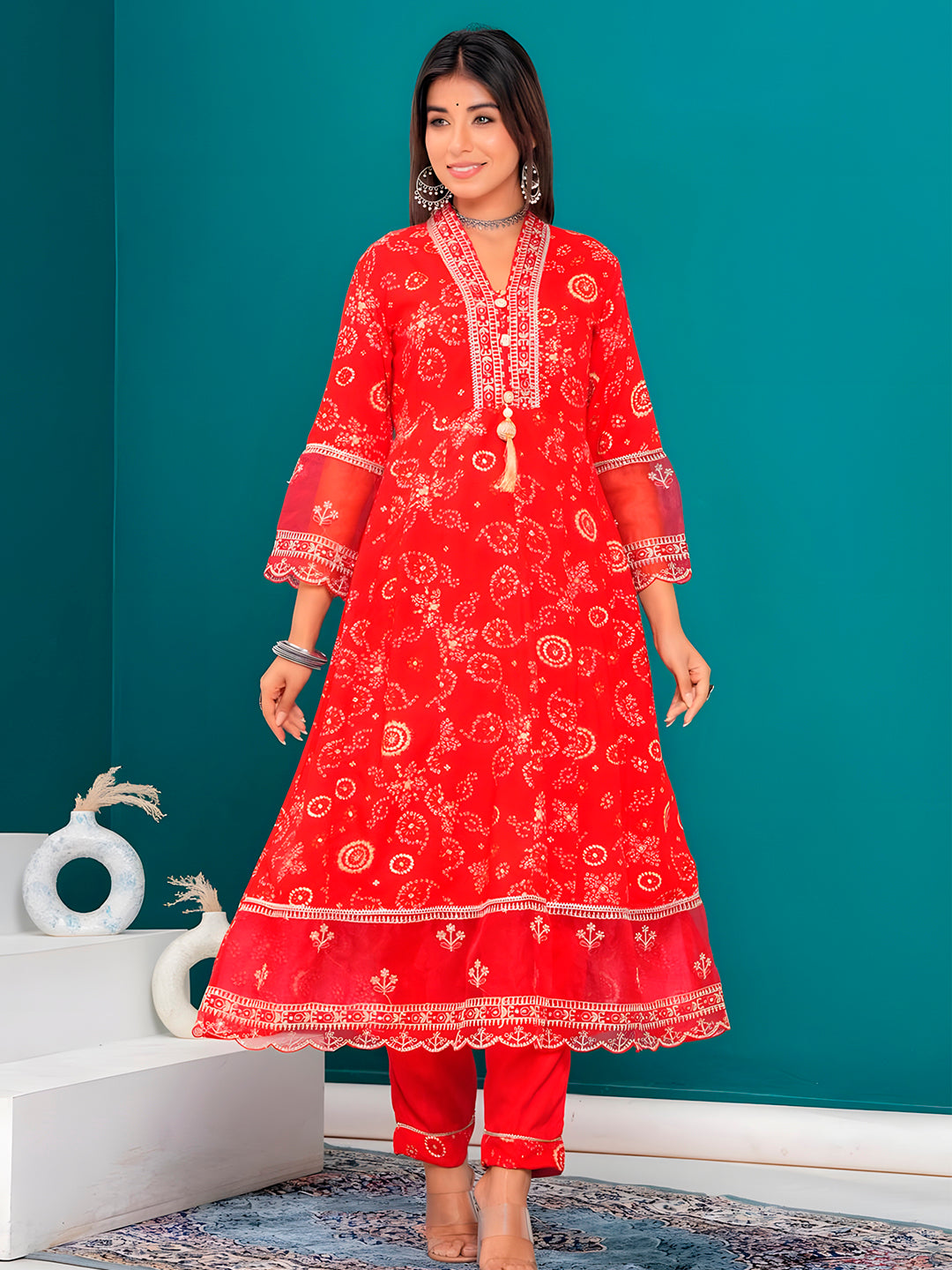 Embroidered & Bandhani Printed Kurta with pant & dupatta