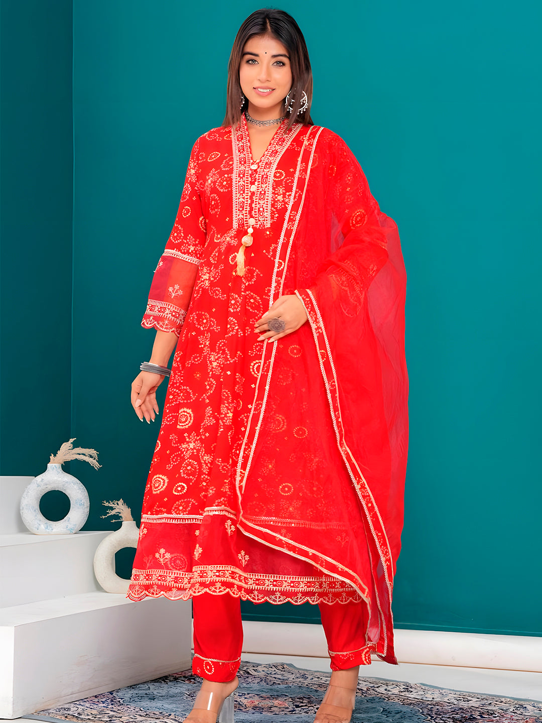 Embroidered & Bandhani Printed Kurta with pant & dupatta