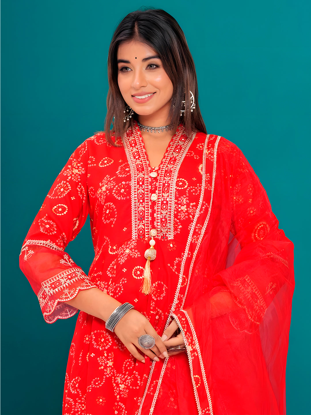 Embroidered & Bandhani Printed Kurta with pant & dupatta