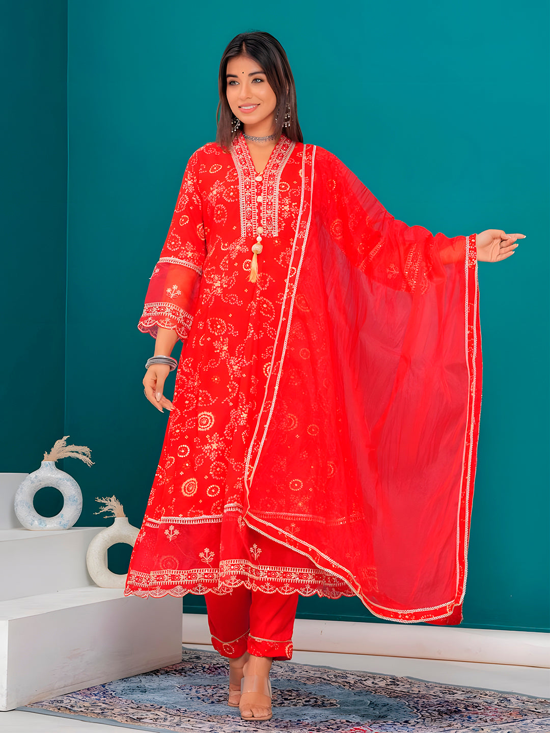 Embroidered & Bandhani Printed Kurta with pant & dupatta