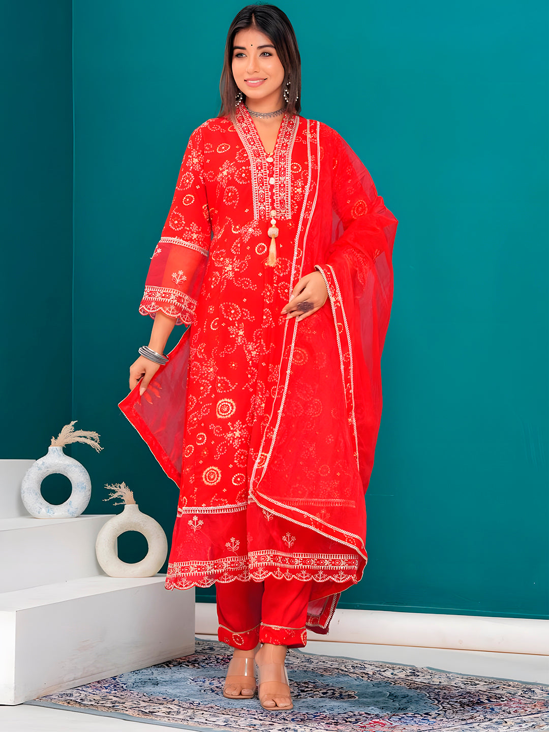 Embroidered & Bandhani Printed Kurta with pant & dupatta