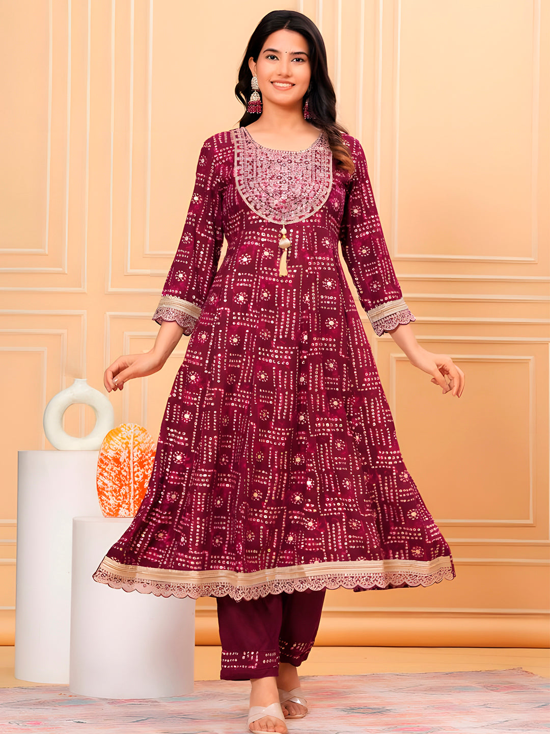 Embroidered & Bandhani Printed Kurta with pant & dupatta