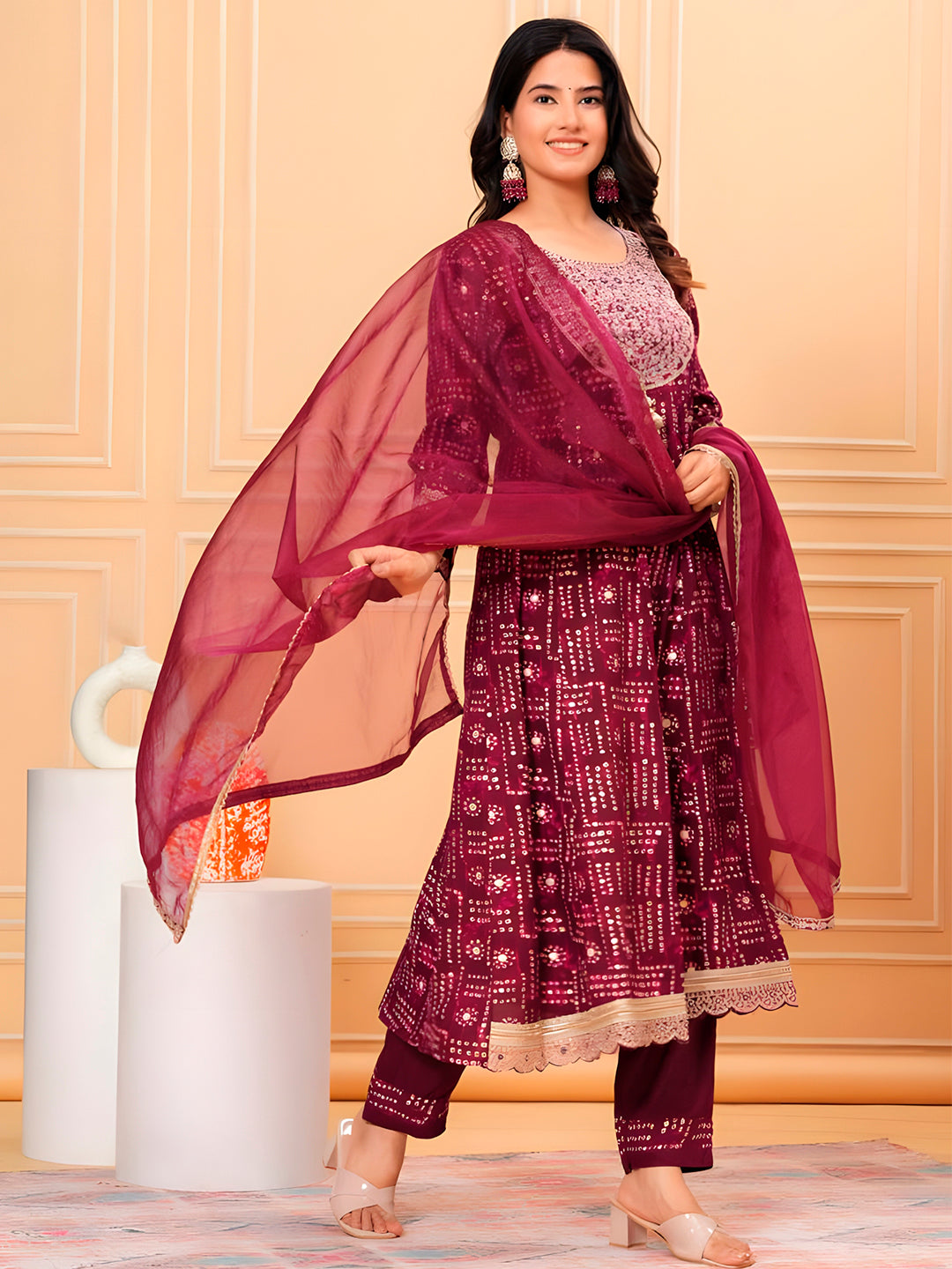 Embroidered & Bandhani Printed Kurta with pant & dupatta