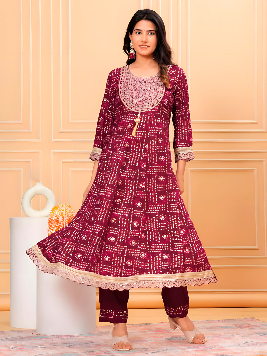 Embroidered & Bandhani Printed Kurta with pant & dupatta