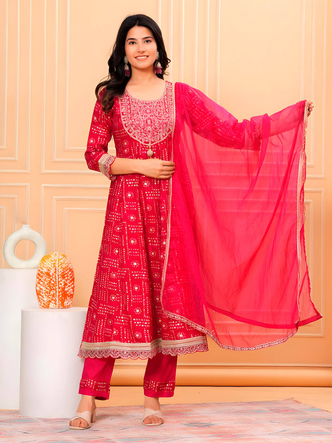 Embroidered & Bandhani Printed Kurta with pant & dupatta