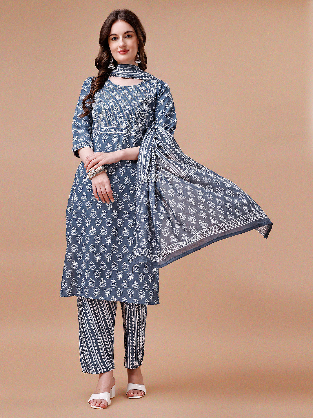 Sequins embroidered & Ethnic Motifs Printed Cotton kurta with pant & dupatta