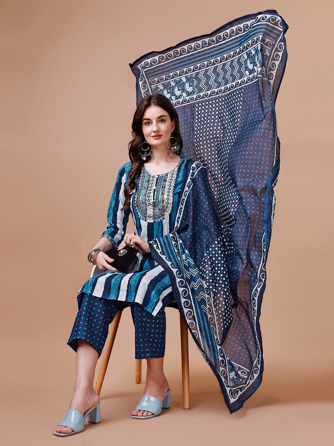 Embroidered and striped Printed Indigo Kurta with Pant & printed Dupatta