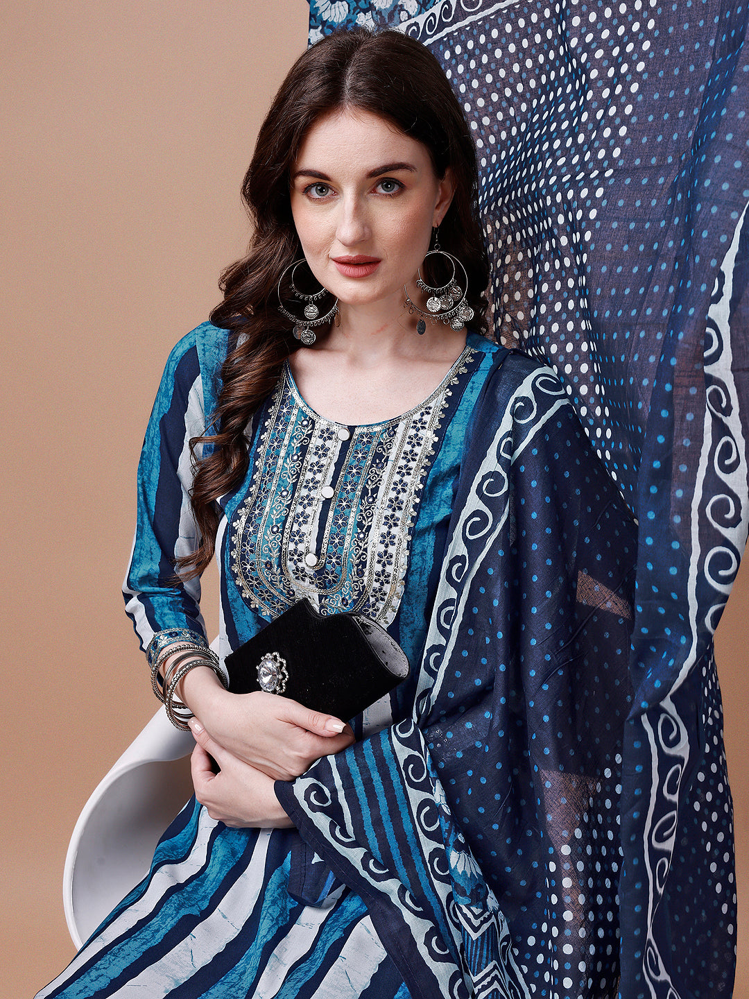 Embroidered and striped Printed Indigo Kurta with Pant & printed Dupatta