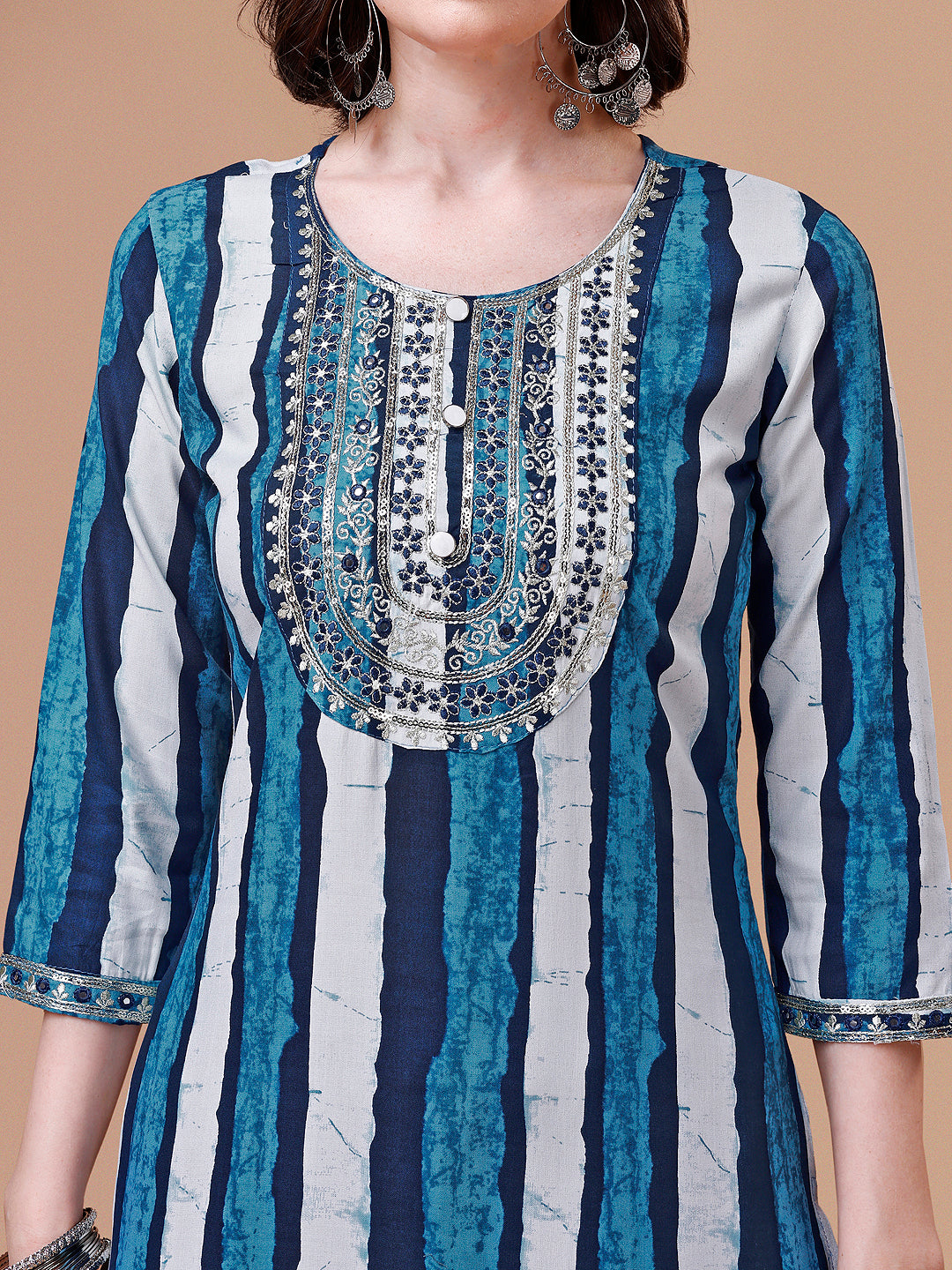 Embroidered and striped Printed Indigo Kurta with Pant & printed Dupatta