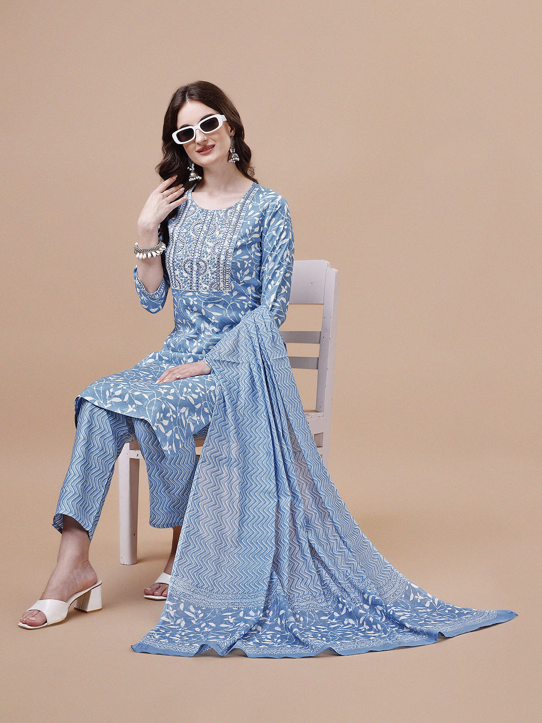 Embroidered & Floral Printed Cotton Kurta with Pant & Dupatta Set