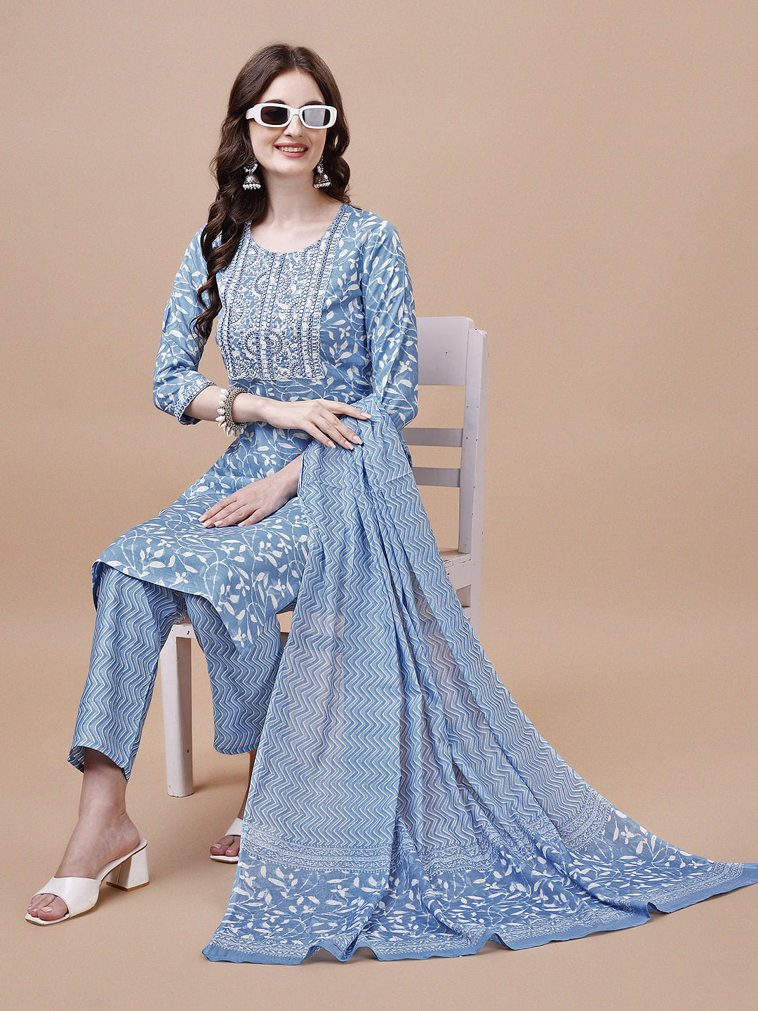 Embroidered & Floral Printed Cotton Kurta with Pant & Dupatta Set