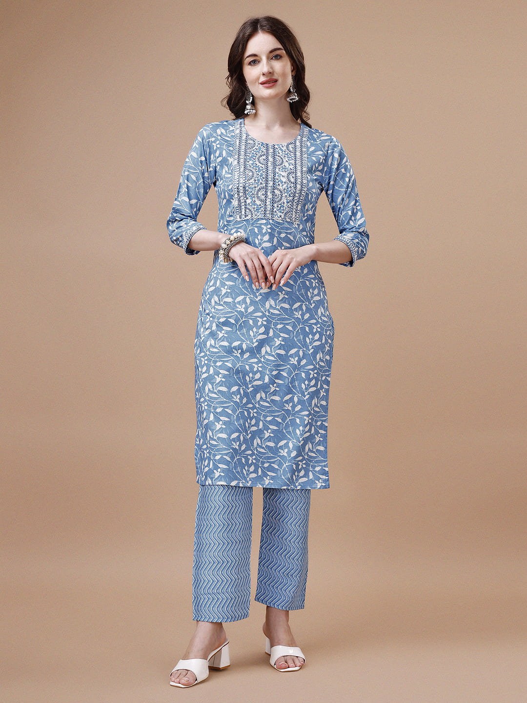 Embroidered & Floral Printed Cotton Kurta with Pant & Dupatta Set