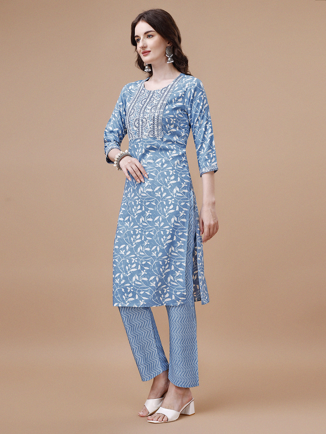 Embroidered & Floral Printed Cotton Kurta with Pant & Dupatta Set