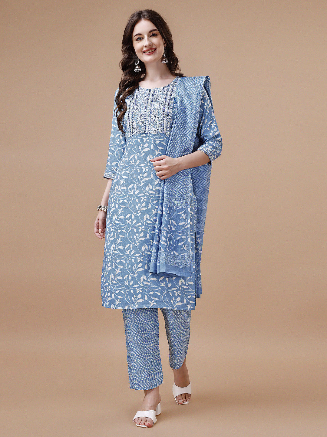 Embroidered & Floral Printed Cotton Kurta with Pant & Dupatta Set