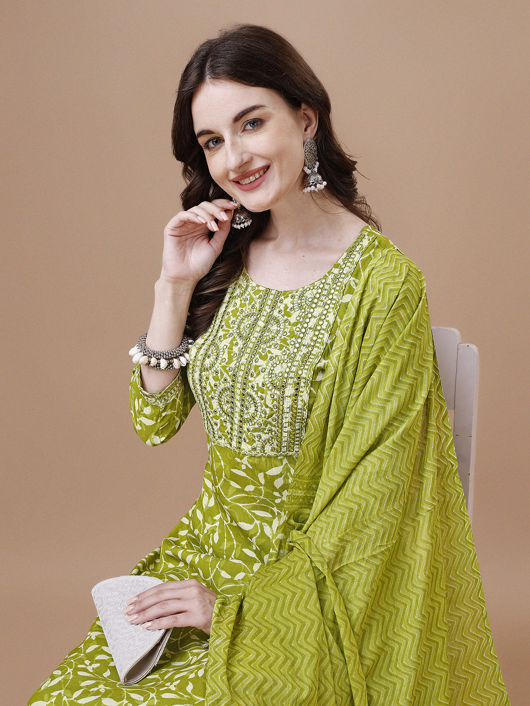 Embroidered & Floral Printed Cotton Kurta with Pant & Dupatta Set