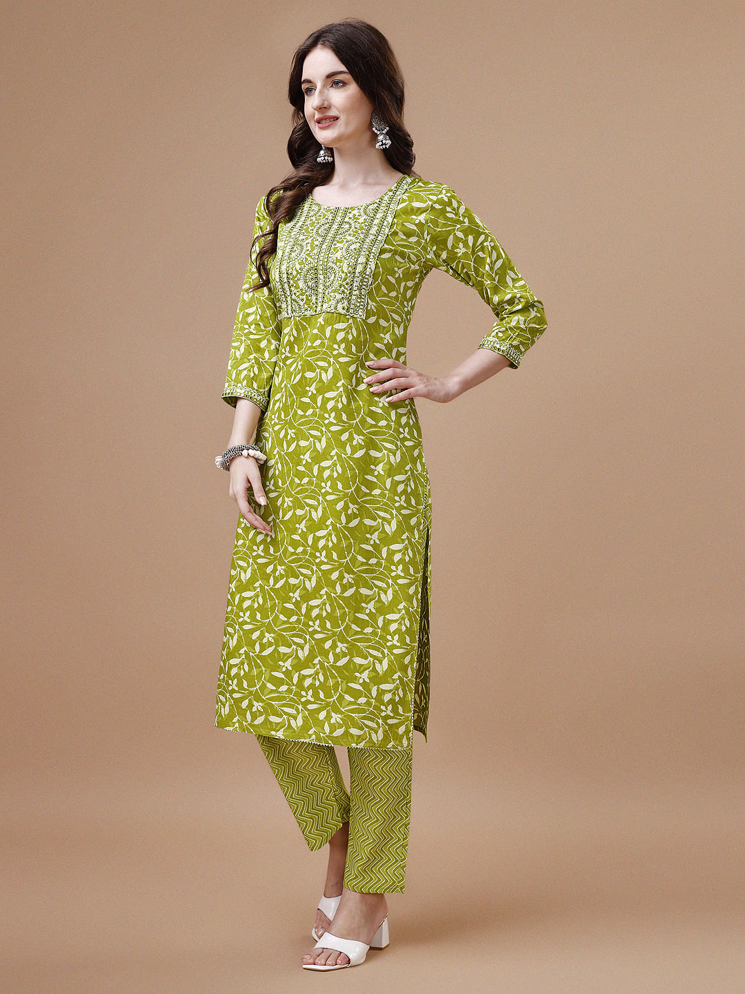 Embroidered & Floral Printed Cotton Kurta with Pant & Dupatta Set