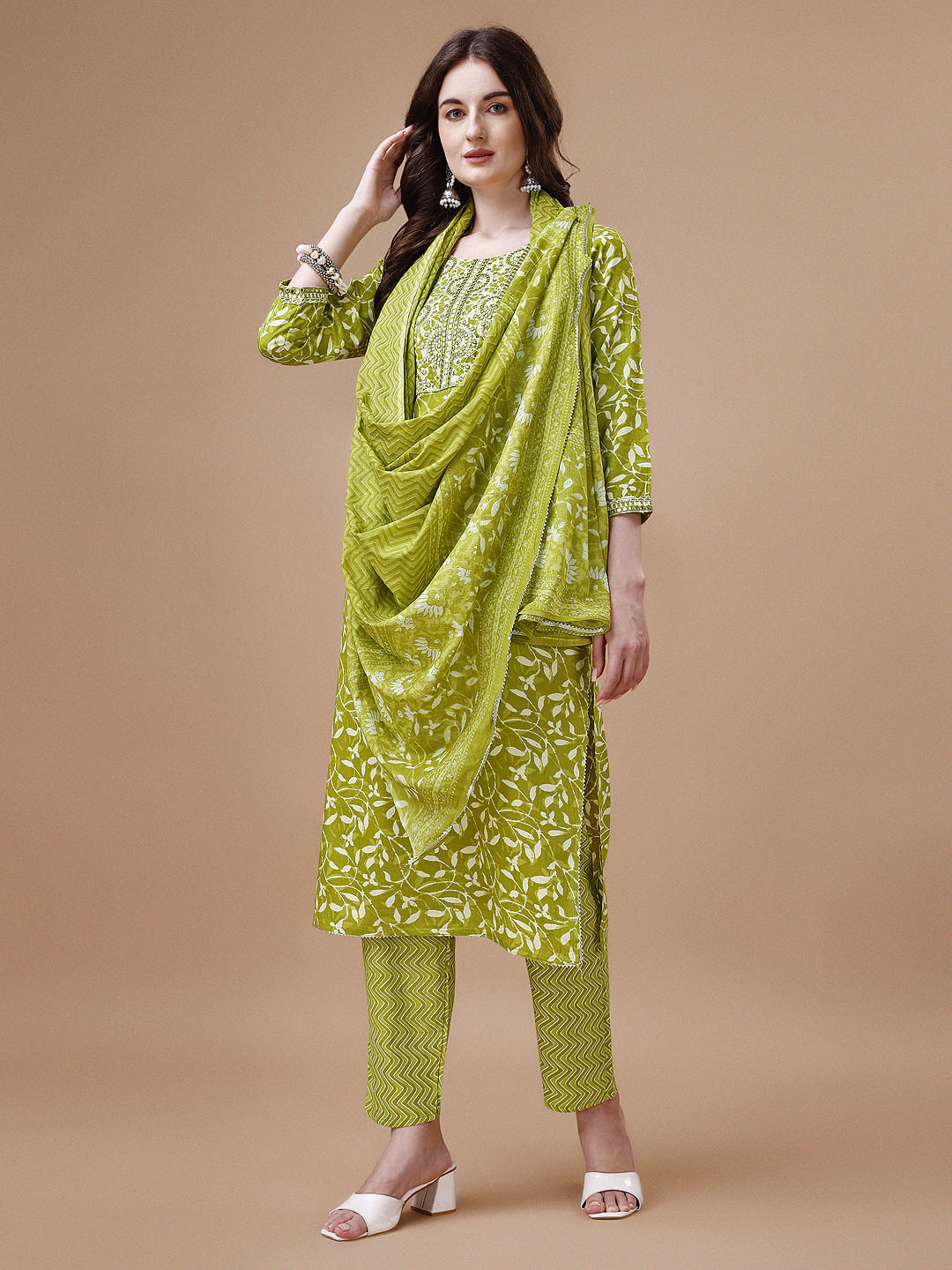 Embroidered & Floral Printed Cotton Kurta with Pant & Dupatta Set