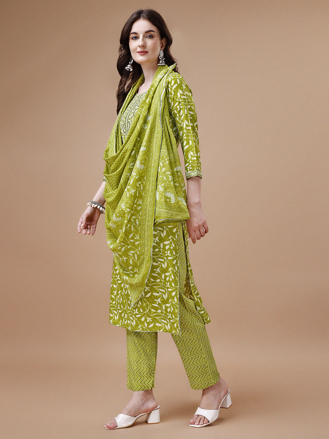 Embroidered & Floral Printed Cotton Kurta with Pant & Dupatta Set