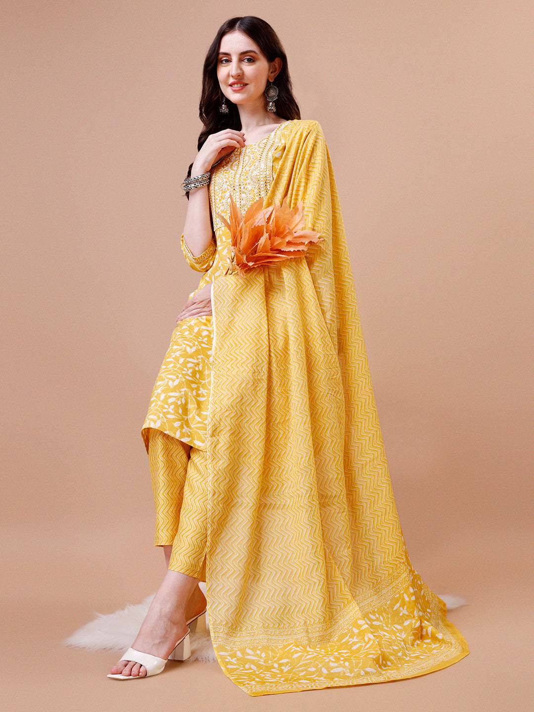 Embroidered & Floral Printed Cotton Kurta with Pant & Dupatta Set