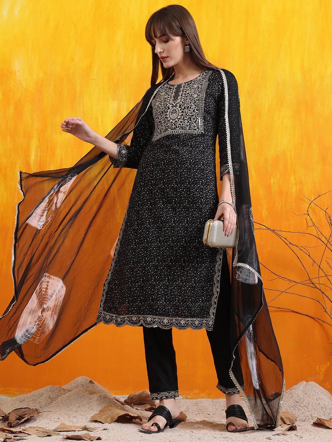 Embroidered & Bandhani Printed Kurta with Pant & Dupatta