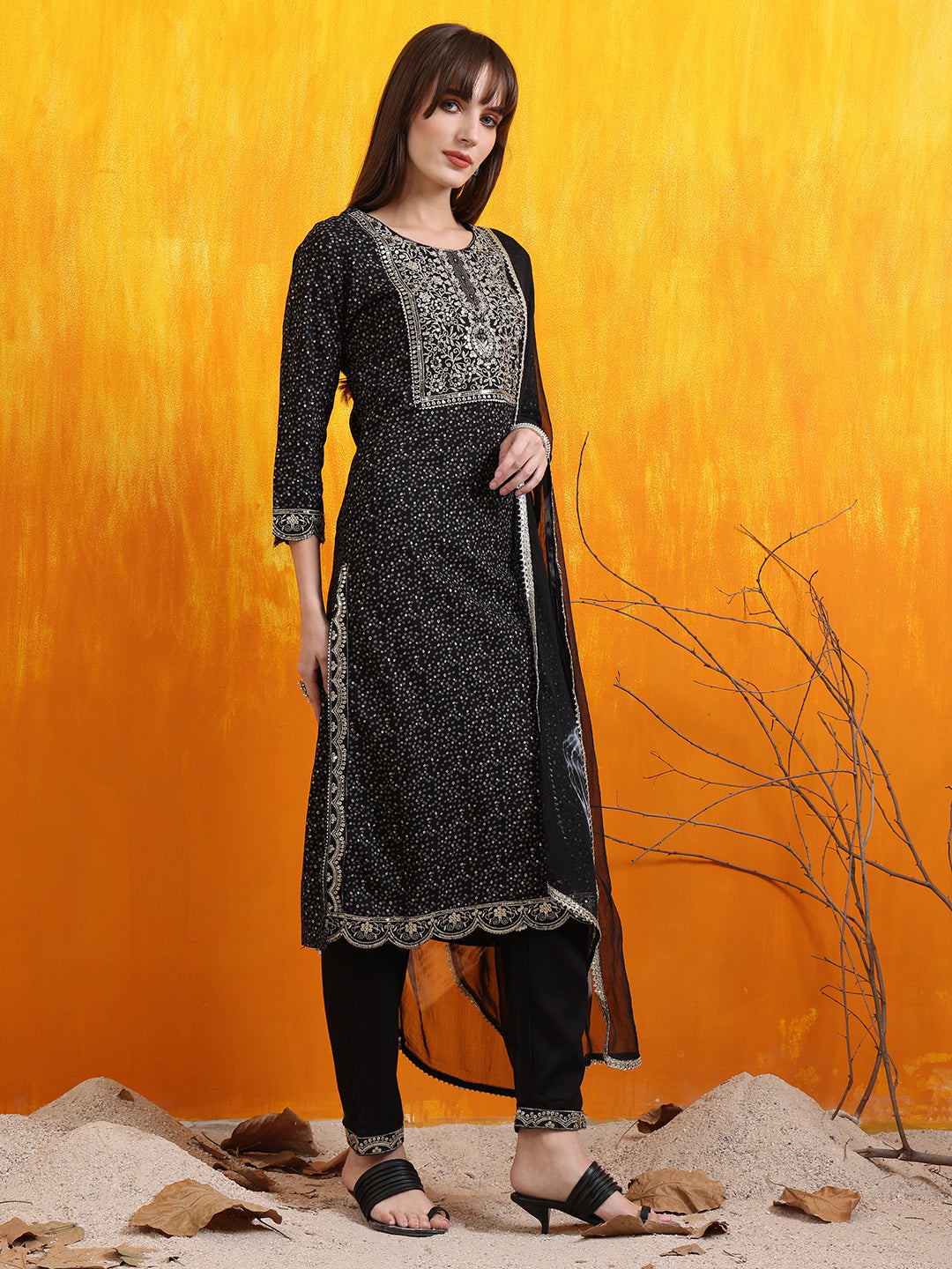 Embroidered & Bandhani Printed Kurta with Pant & Dupatta