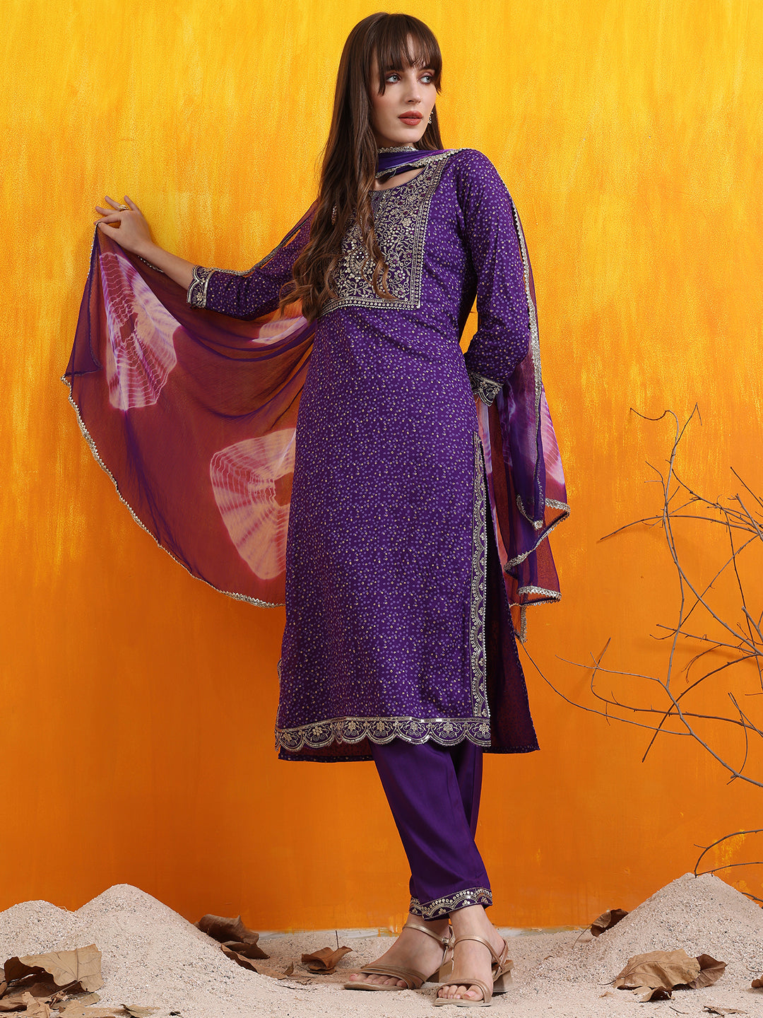 Embroidered & Bandhani Printed Kurta with Pant & Dupatta