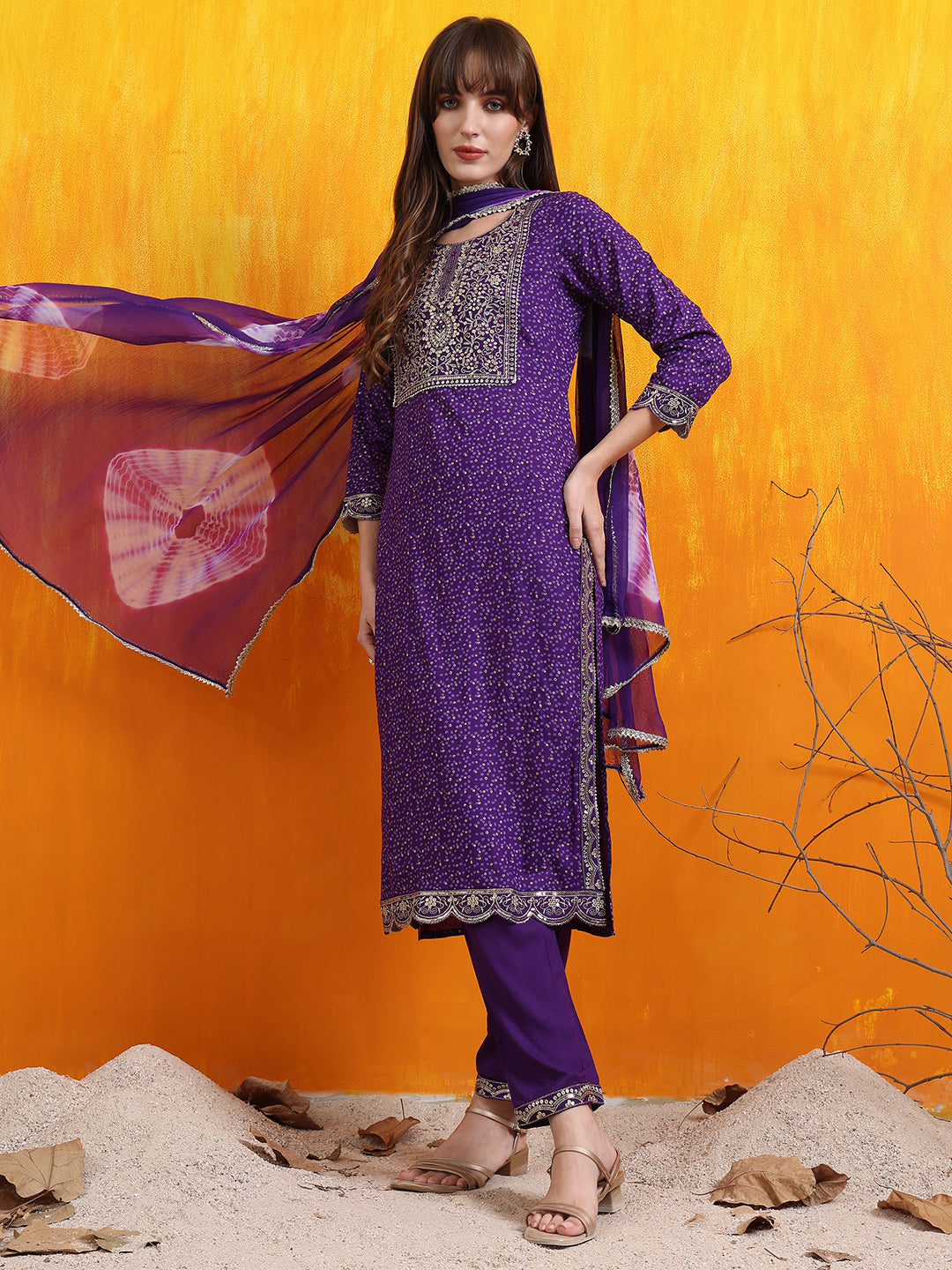 Embroidered & Bandhani Printed Kurta with Pant & Dupatta