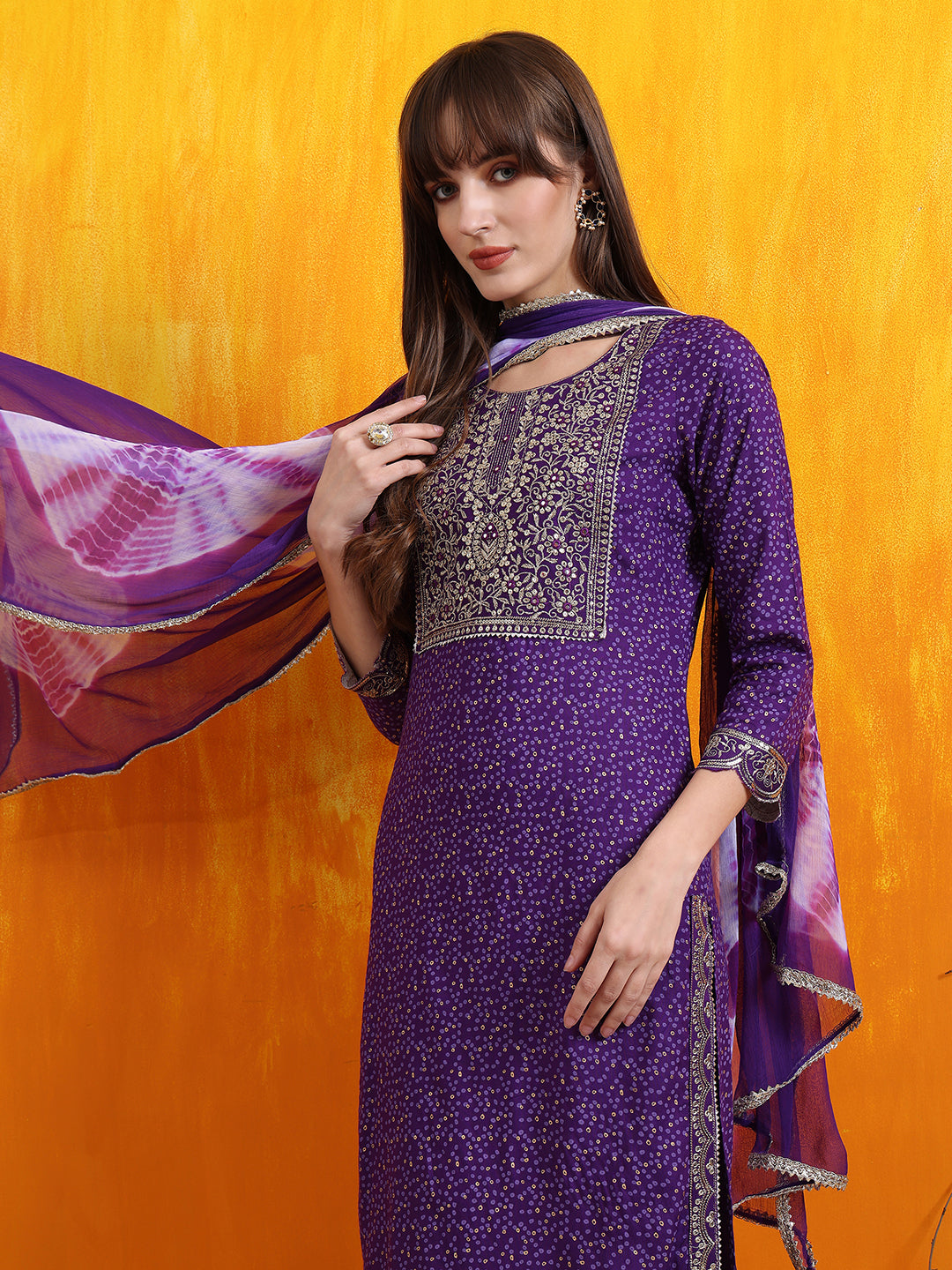 Embroidered & Bandhani Printed Kurta with Pant & Dupatta