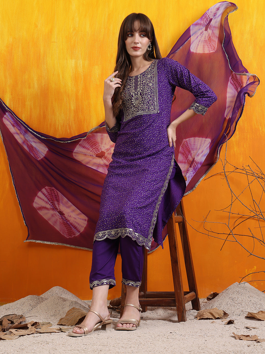 Embroidered & Bandhani Printed Kurta with Pant & Dupatta