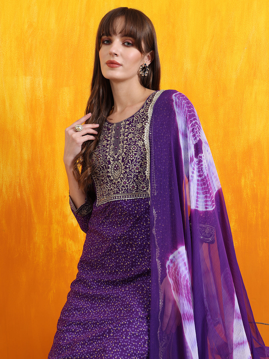 Embroidered & Bandhani Printed Kurta with Pant & Dupatta