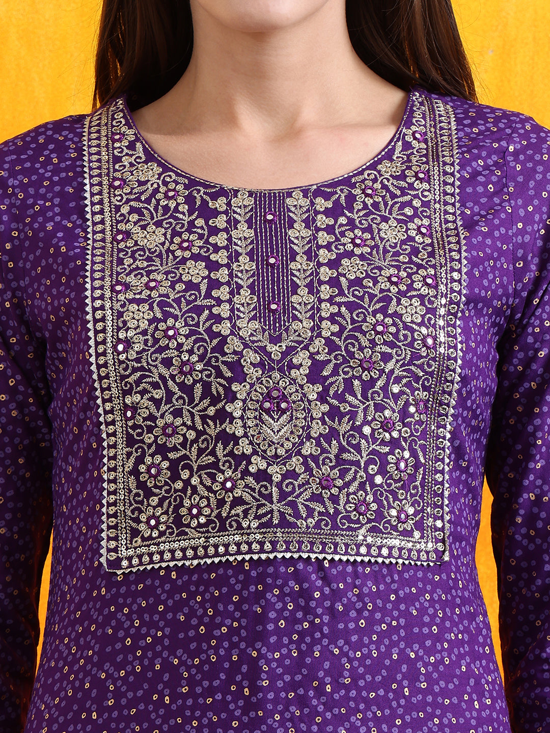 Embroidered & Bandhani Printed Kurta with Pant & Dupatta