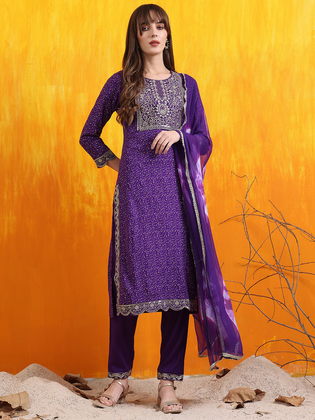 Embroidered & Bandhani Printed Kurta with Pant & Dupatta