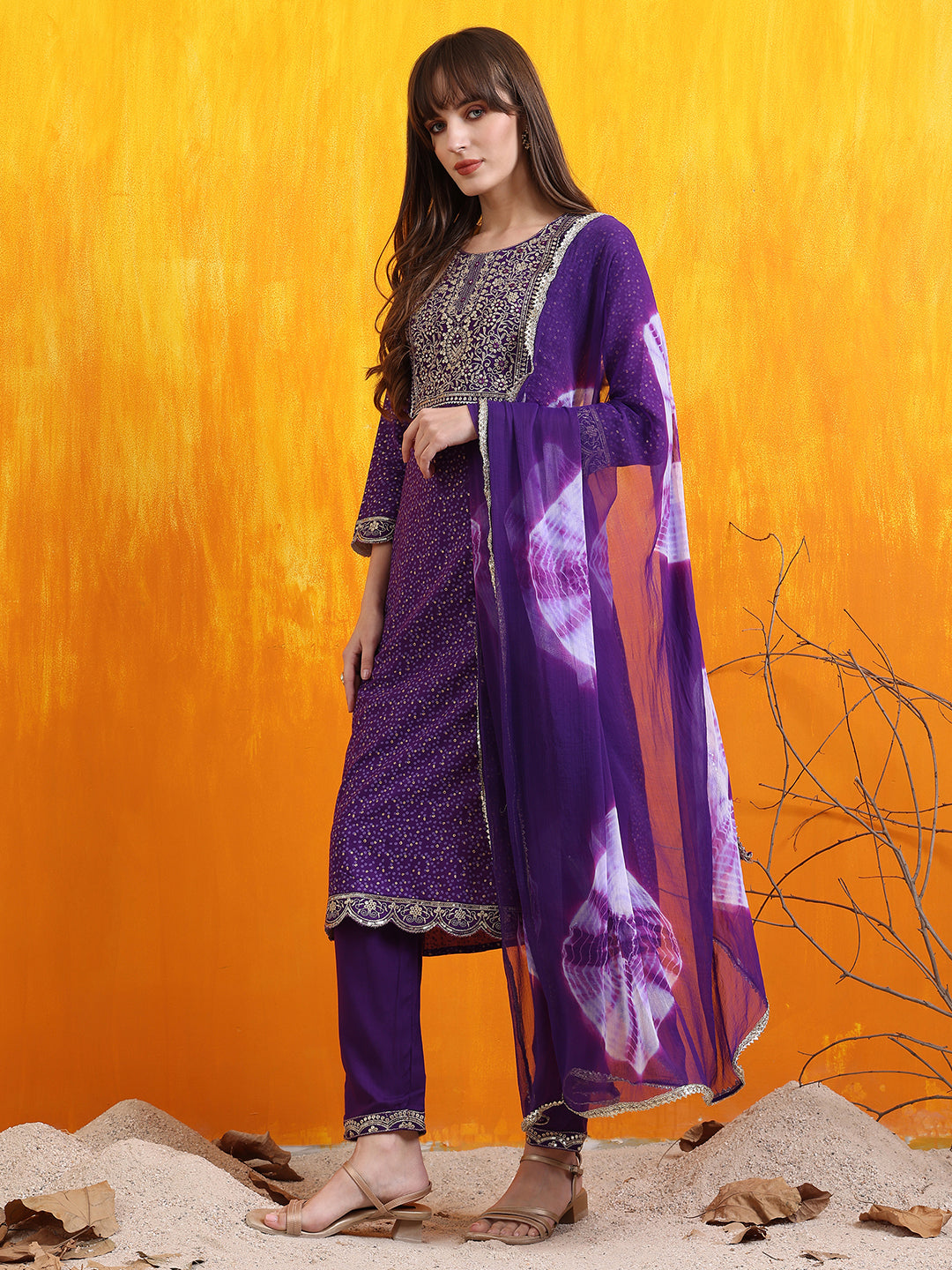 Embroidered & Bandhani Printed Kurta with Pant & Dupatta