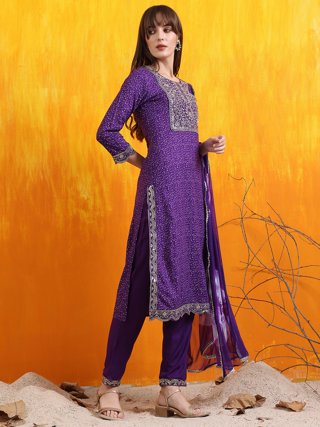 Embroidered & Bandhani Printed Kurta with Pant & Dupatta