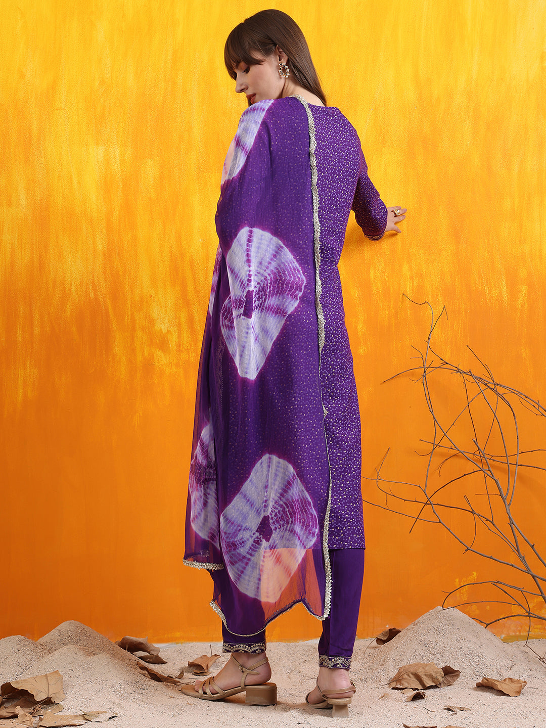 Embroidered & Bandhani Printed Kurta with Pant & Dupatta