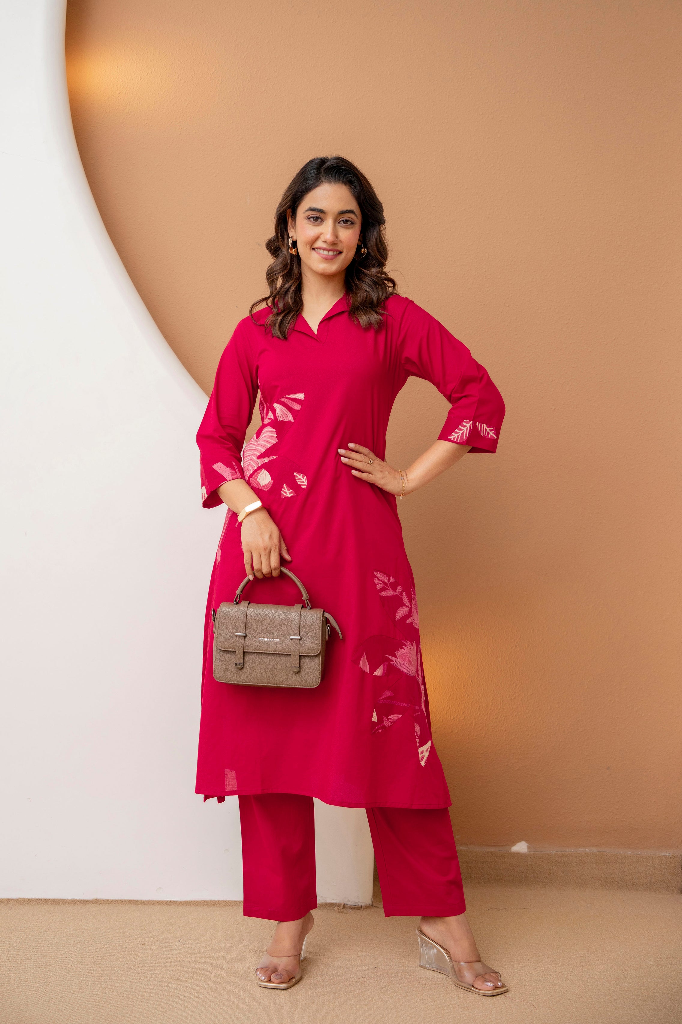 Berrylicious Navy Pink Floral Patchwork Cotton Kurta with Trousers