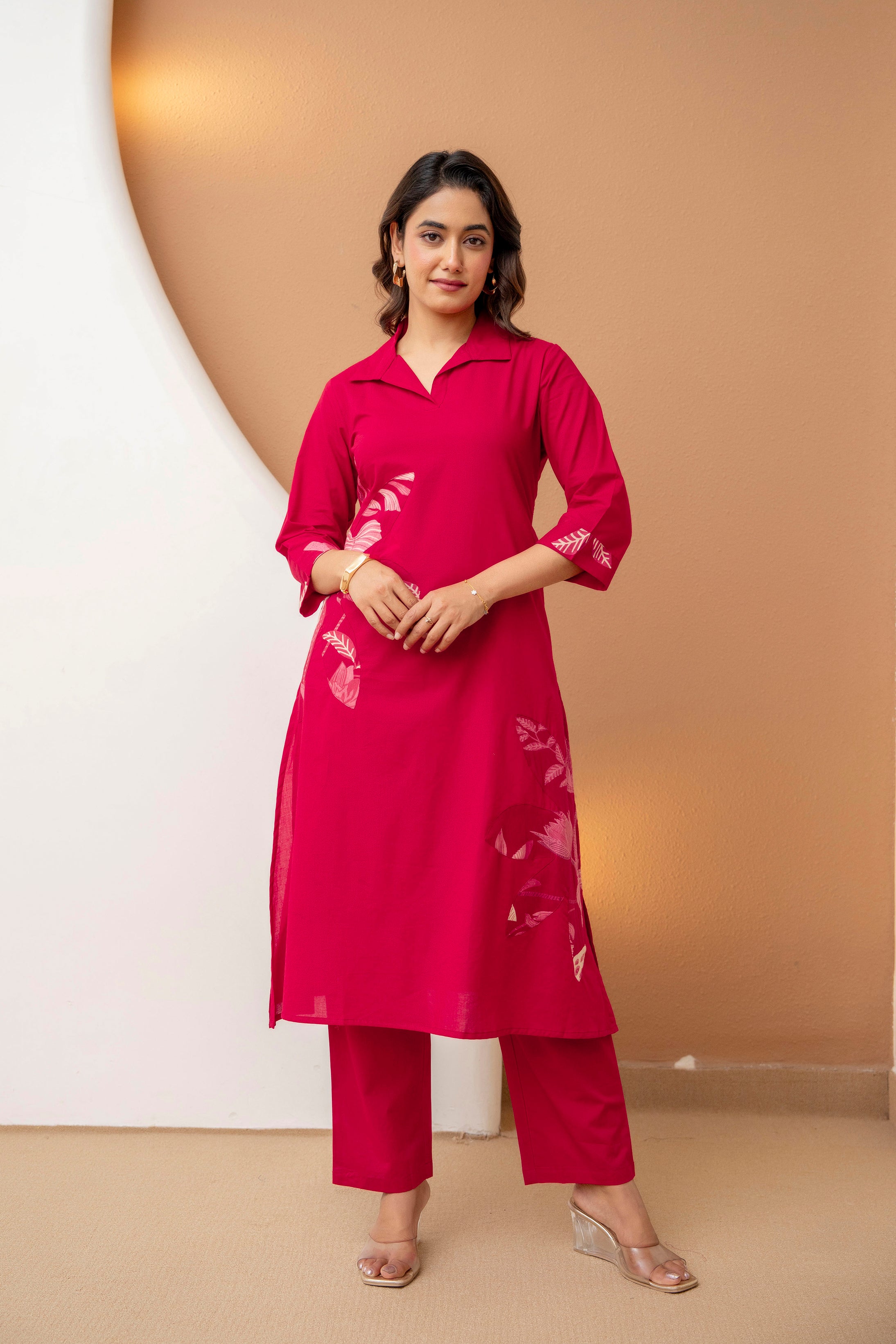 Berrylicious Navy Pink Floral Patchwork Cotton Kurta with Trousers