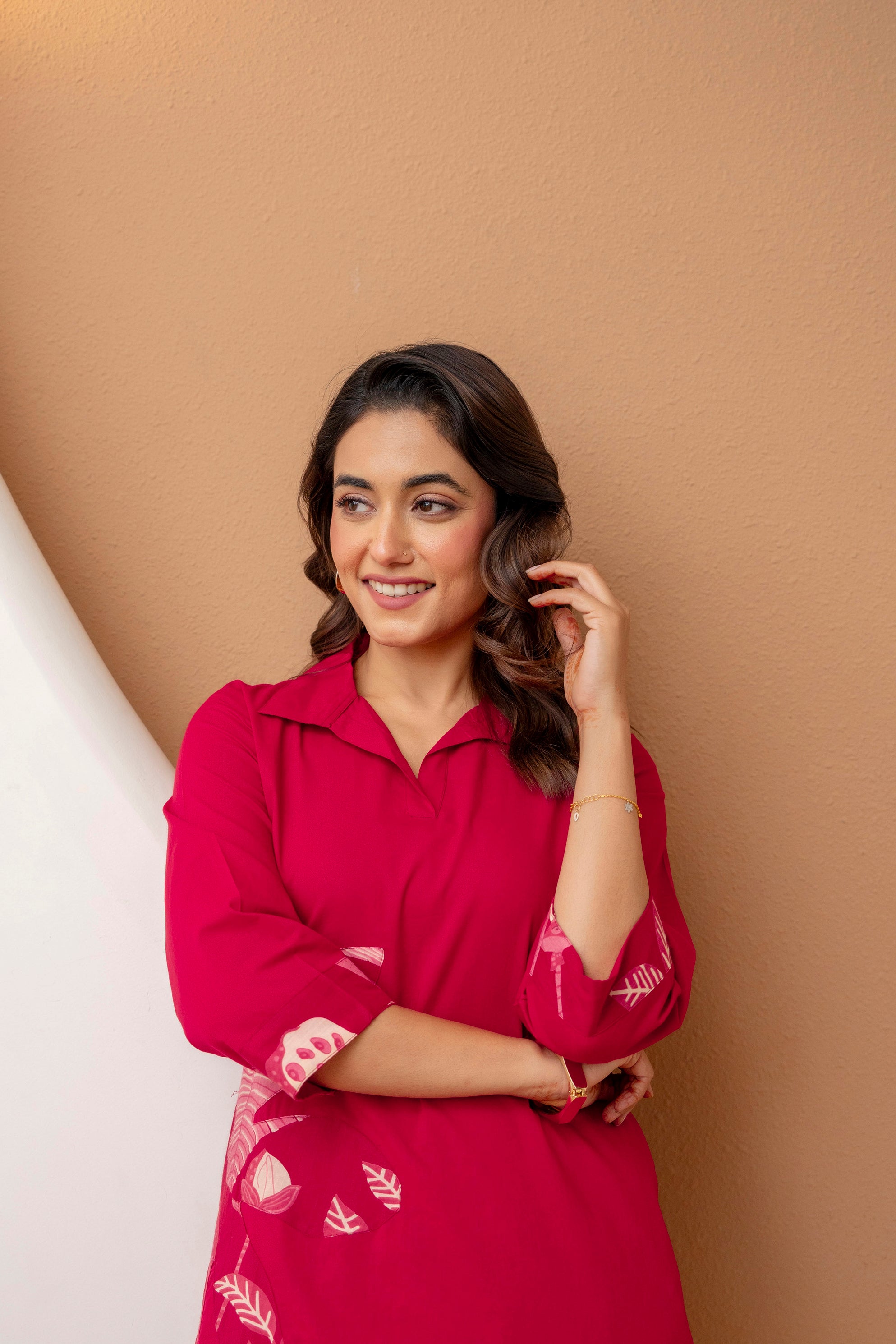 Berrylicious Navy Pink Floral Patchwork Cotton Kurta with Trousers