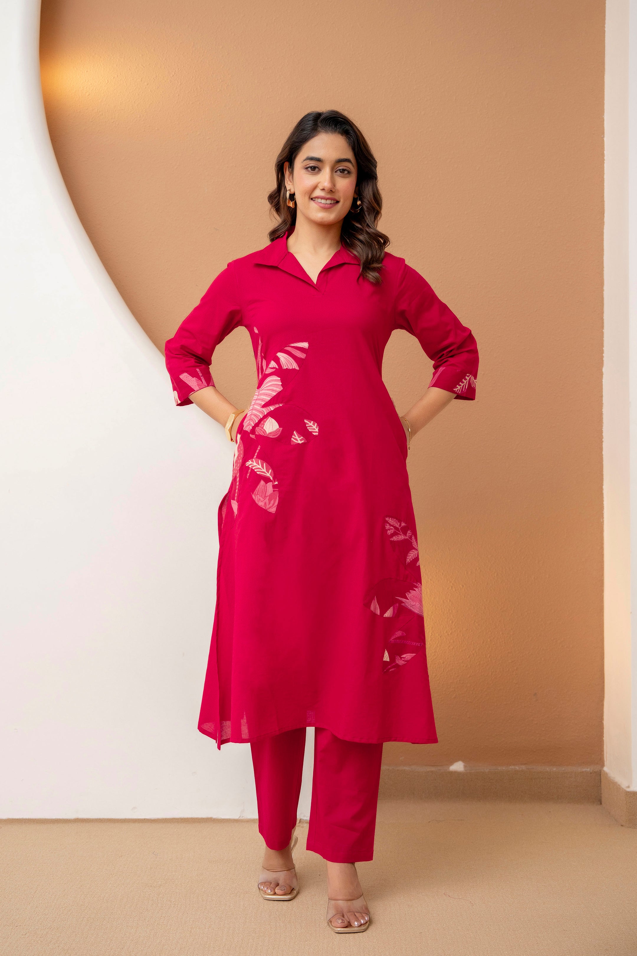 Berrylicious Navy Pink Floral Patchwork Cotton Kurta with Trousers