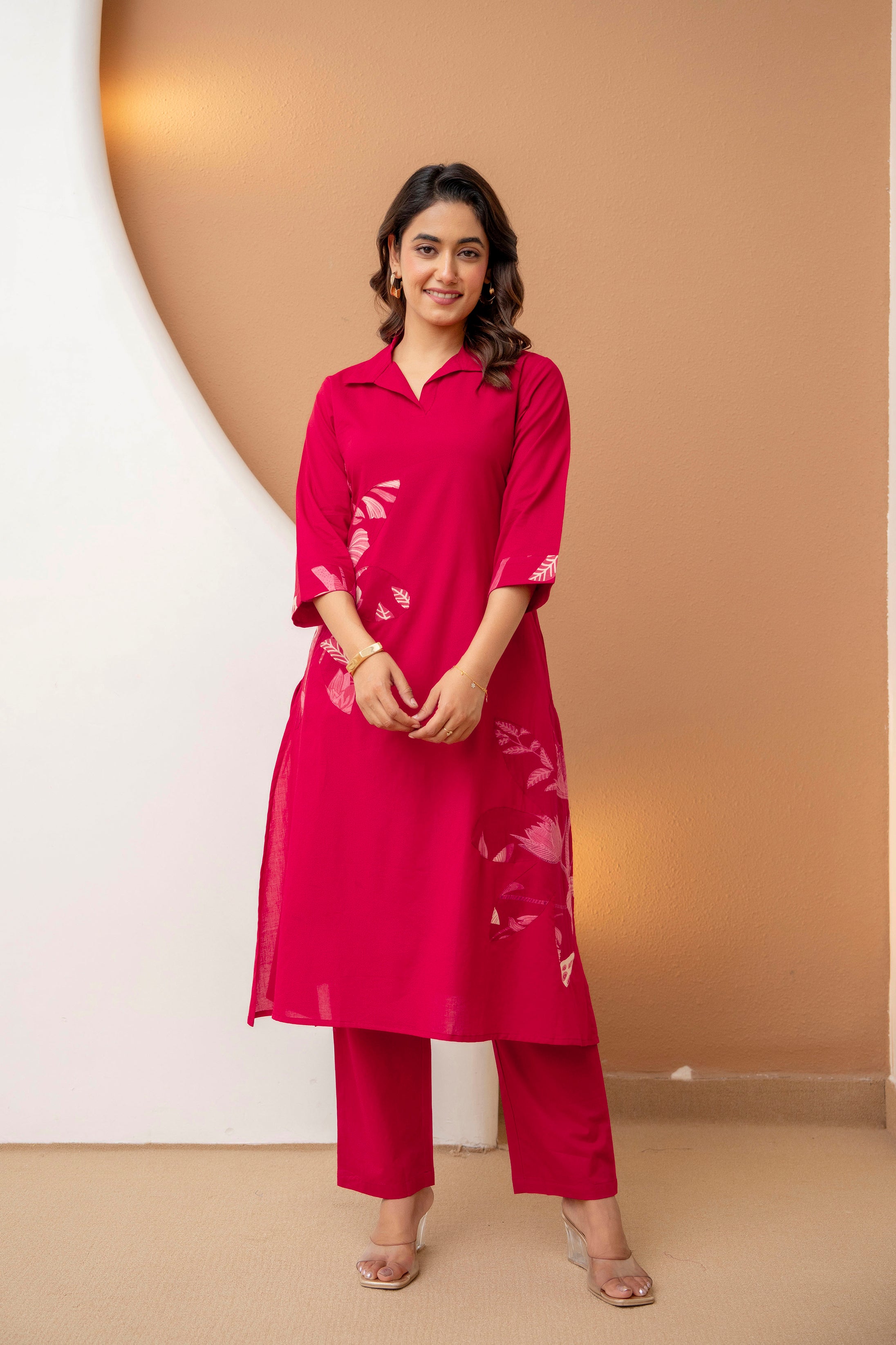 Berrylicious Navy Pink Floral Patchwork Cotton Kurta with Trousers