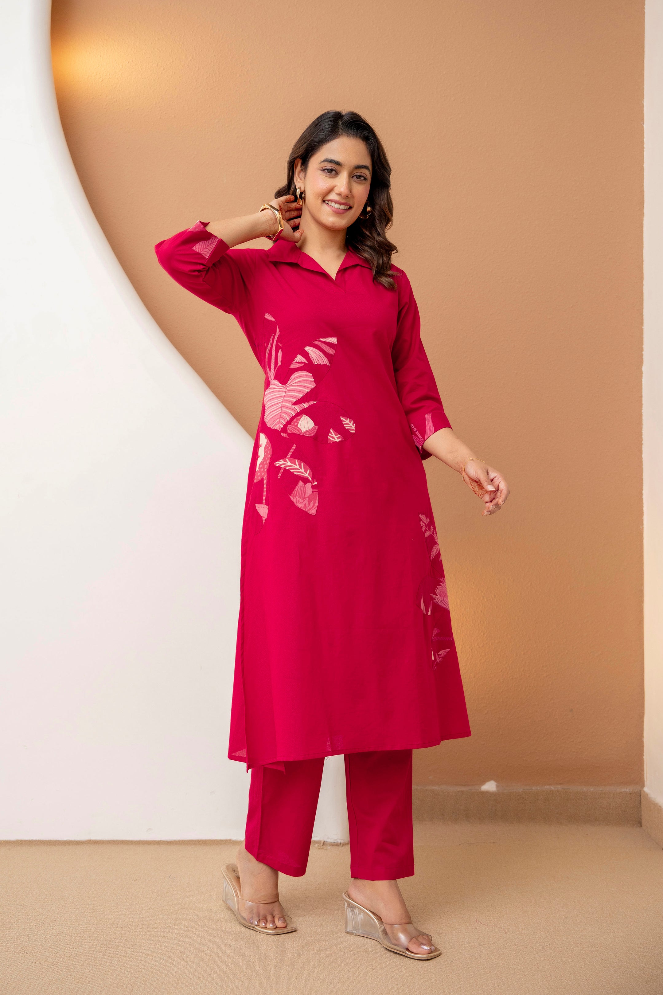 Berrylicious Navy Pink Floral Patchwork Cotton Kurta with Trousers