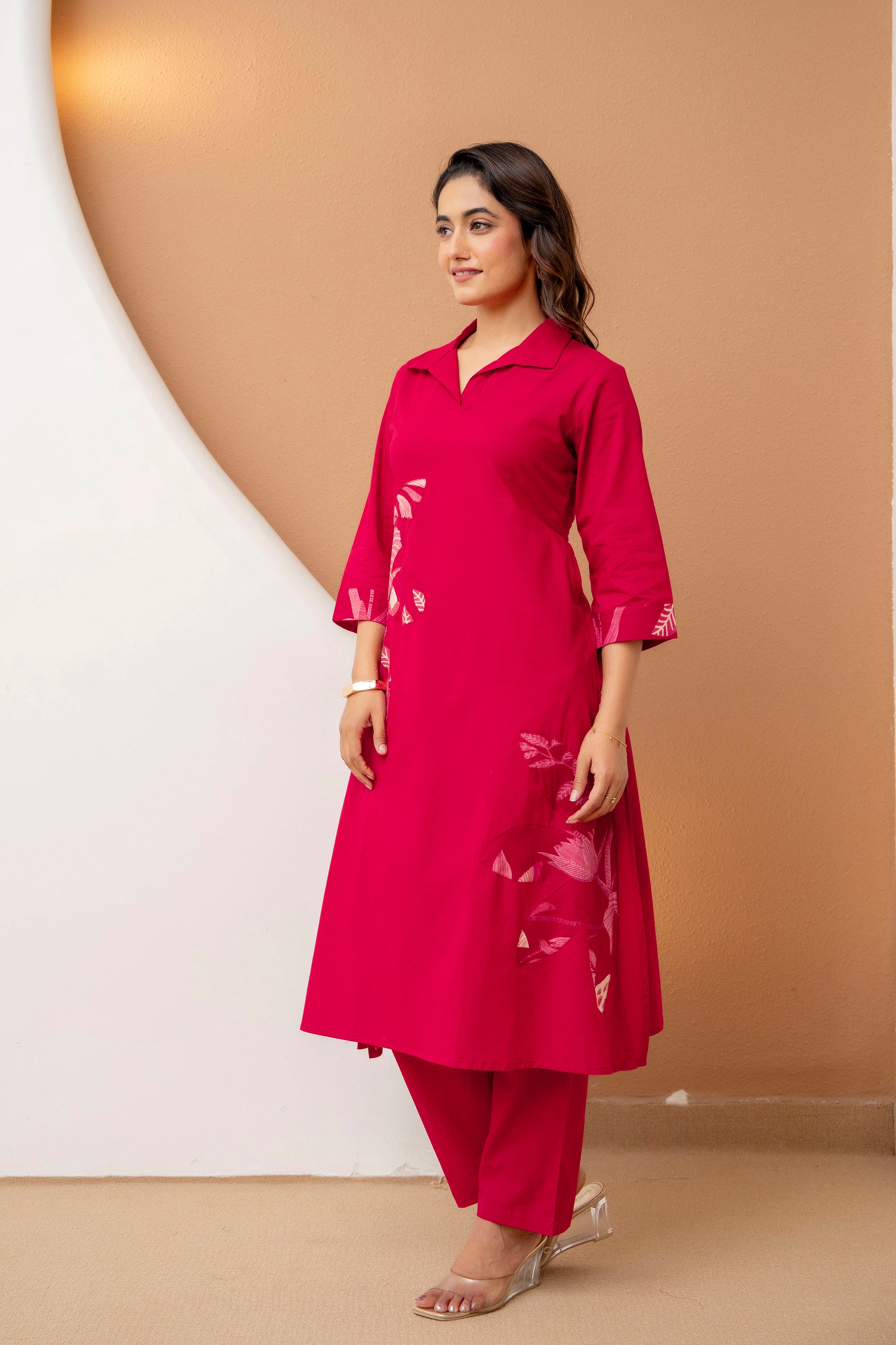Berrylicious Navy Pink Floral Patchwork Cotton Kurta with Trousers