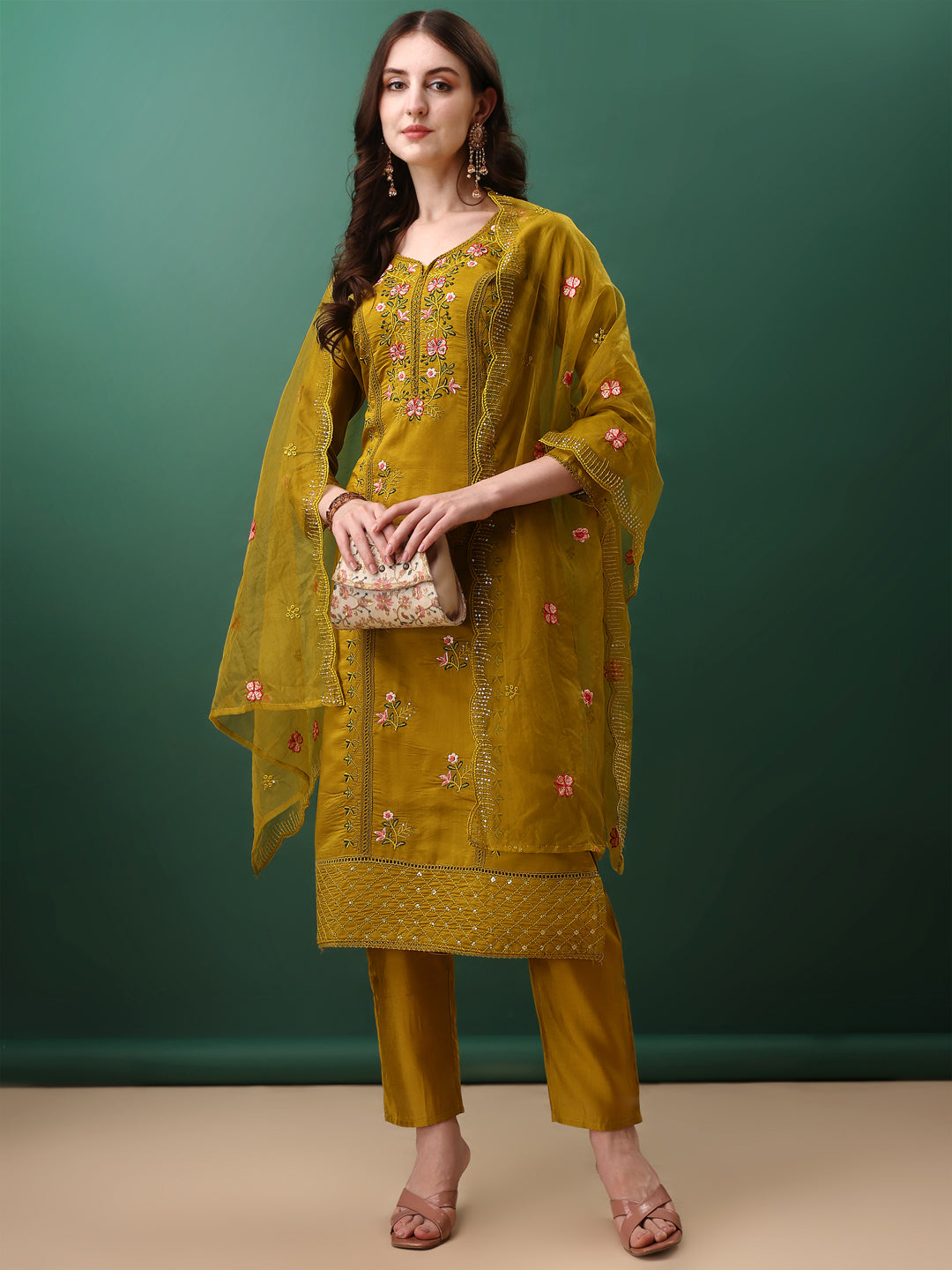 Embroidered kurta with pant & dupatta