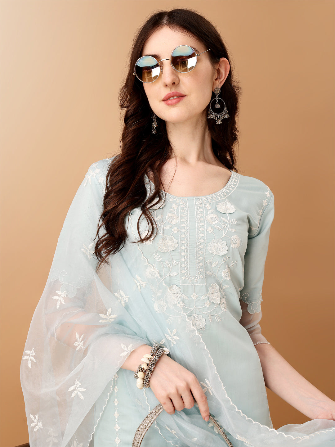 Pakistani Embroidered Kurta with pant & Organza Embroidered Dupatta