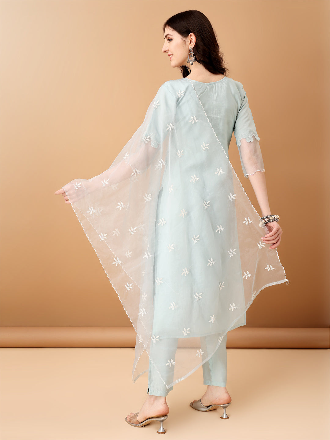 Pakistani Embroidered Kurta with pant & Organza Embroidered Dupatta