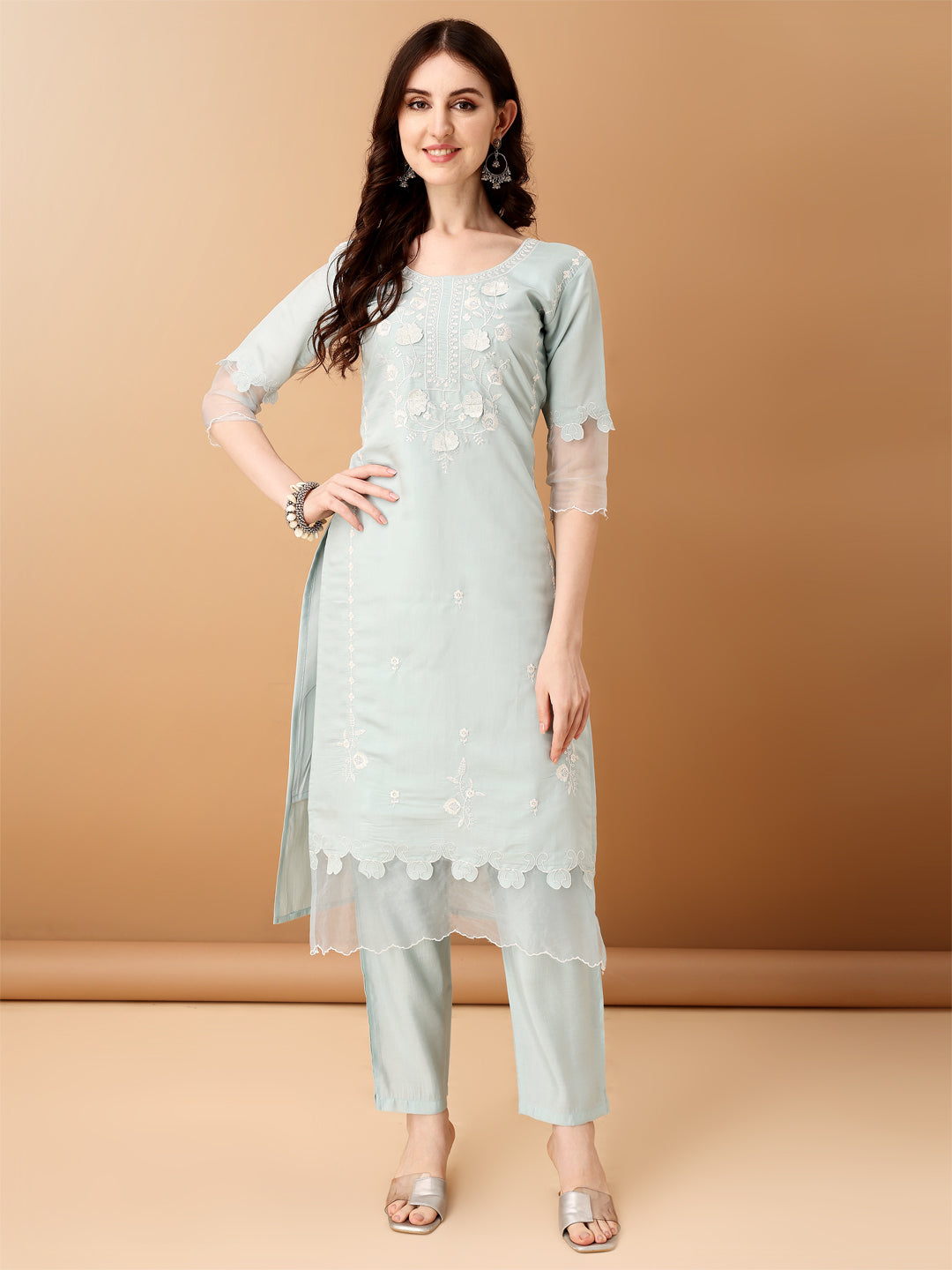 Pakistani Embroidered Kurta with pant & Organza Embroidered Dupatta