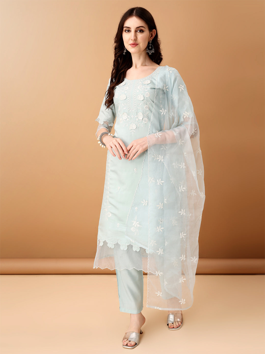 Pakistani Embroidered Kurta with pant & Organza Embroidered Dupatta